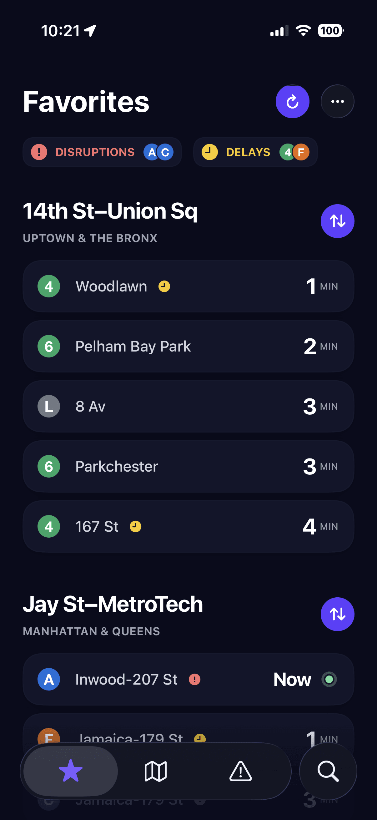 Favorites — pinned stops with live arrivals