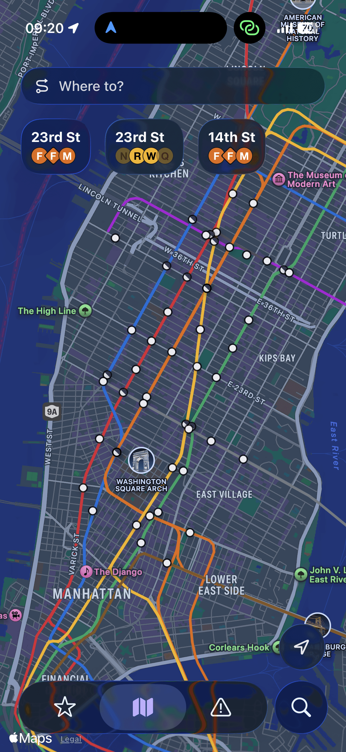 Tunnel Rat's interactive subway map of Manhattan, showing train lines, stations, and the search bar.