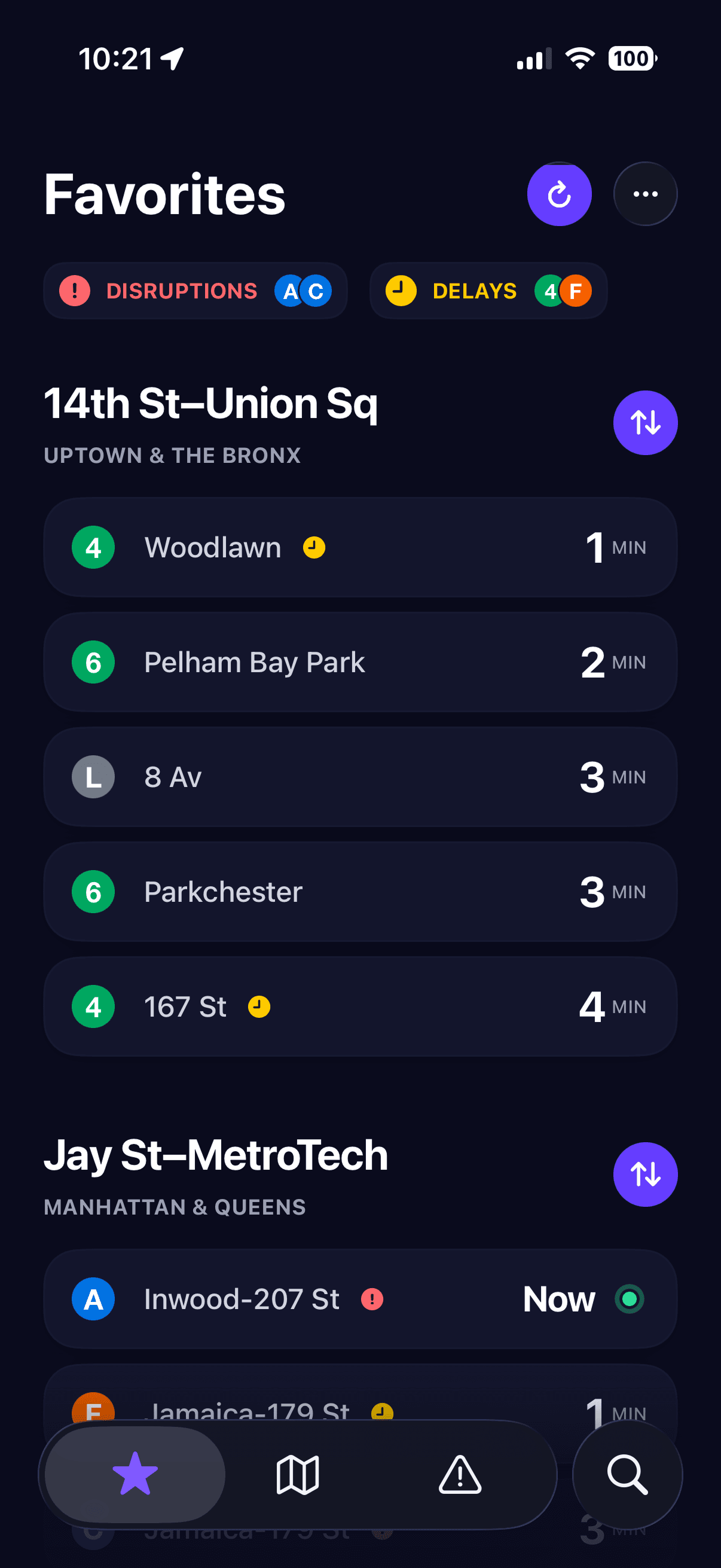 The Tunnel Rat app's Favorites screen showing live subway arrival times for saved stops